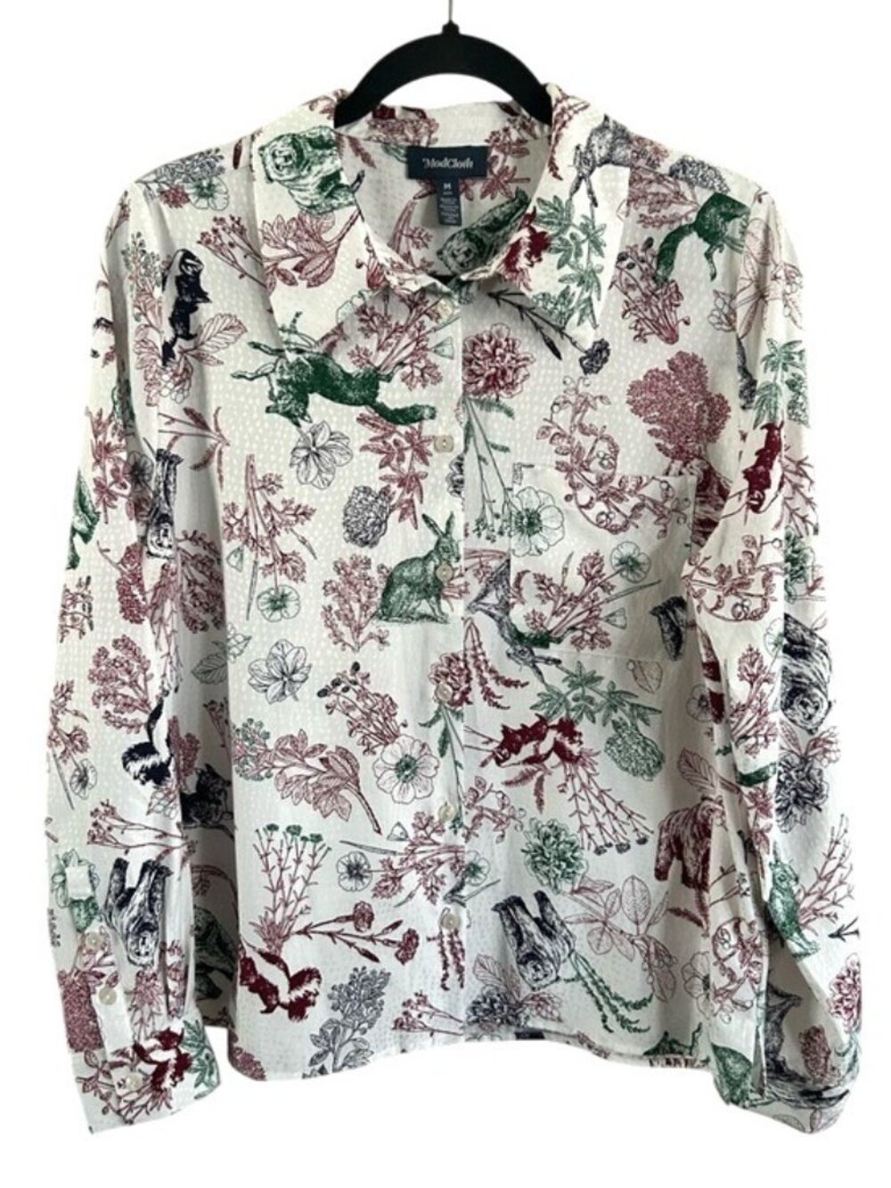 ModCloth White Botanical & Woodland Animal Print Button-Up Shirt Long Sleeve Med